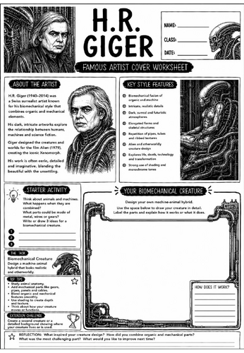 H.R. Giger Famous Artist Cover Worksheet | KS3 Art Cover Lesson