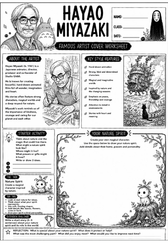 Hayao Miyazaki Famous Artist Cover Worksheet | KS3 Art Cover Lesson