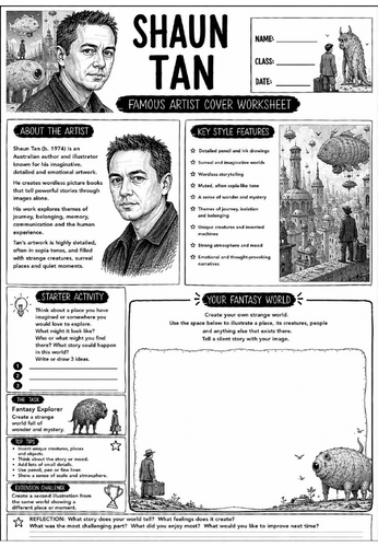 Shaun Tan Famous Artist Cover Worksheet | KS3 Art Cover Lesson