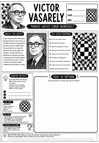 Victor Vasarely Famous Artist Cover Worksheet | KS3 Art Cover Lesson