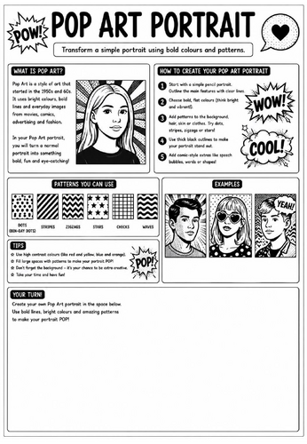 Creative Art Cover Worksheet – Pop Art Portrait | KS3 Art Cover Lesson | Pop Art Drawing Activity