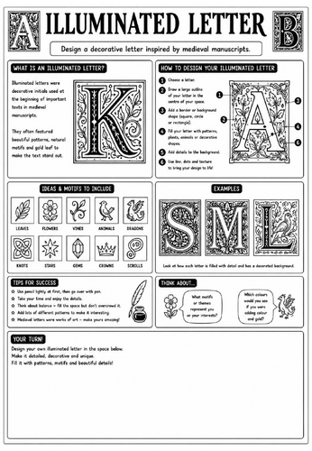 Creative Art Cover Worksheet – Illuminated Letter | KS3 Art Cover Lesson | Medieval Letter Design Ac