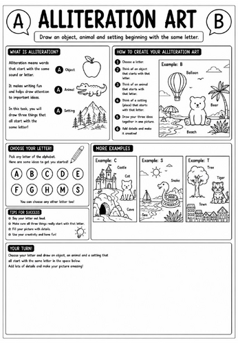 Creative Art Cover Worksheet – Alliteration Art | KS3 Art Cover Lesson | Creative Drawing and Litera