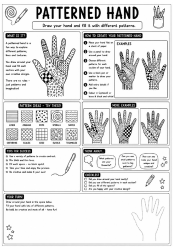 Creative Art Cover Worksheet – Patterned Hand | KS3 Art Cover Lesson | Zentangle Pattern Drawing Act