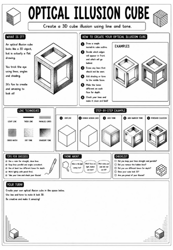 Creative Art Cover Worksheet – Optical Illusion Cube | KS3 Art Cover Lesson | 3D Drawing Activity