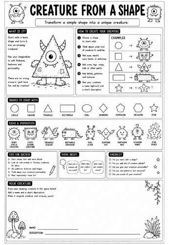 Creative Art Cover Worksheet – Creature From a Shape | KS3 Art Cover Lesson | Character Design Activ