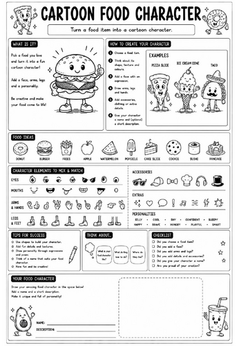 Creative Art Cover Worksheet – Cartoon Food Character | KS3 Art Cover Lesson | Character Design Acti