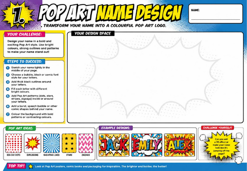 Pop Art Name Design Worksheet | KS2 KS3 Art Cover Lesson | Pop Art Typography Activity