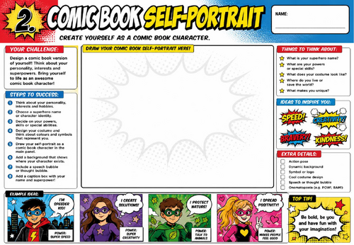 Comic Book Self-Portrait Worksheet | KS2 KS3 Art Cover Lesson | Pop Art Character Design Activity