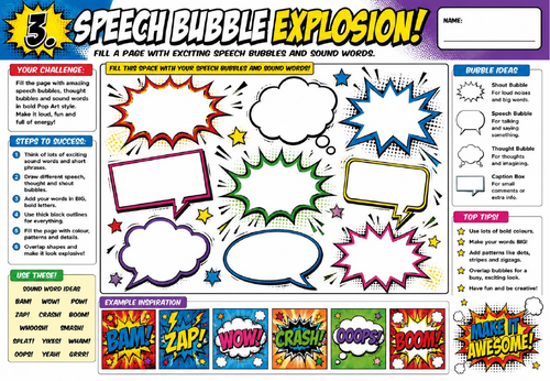 Speech Bubble Explosion Worksheet | KS2 KS3 Art Cover Lesson | Pop Art Comic Sound Words Activity
