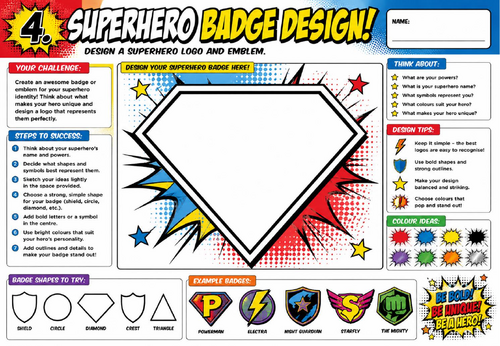 Superhero Badge Design Worksheet | KS2 KS3 Art Cover Lesson | Pop Art Logo Design Activity
