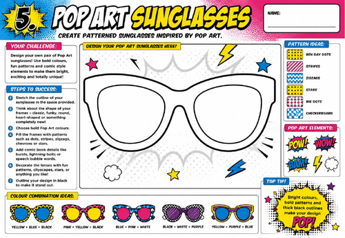 Pop Art Sunglasses Worksheet | KS2 KS3 Art Cover Lesson | Pop Art Fashion Design Activity
