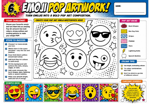 Emoji Pop Artwork Worksheet | KS2 KS3 Art Cover Lesson | Pop Art Emoji Design Activity