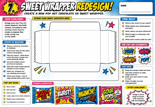Sweet Wrapper Redesign Worksheet | KS2 KS3 Art Cover Lesson | Pop Art Packaging Design Activity