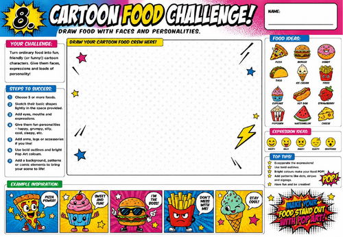 Cartoon Food Challenge Worksheet | KS2 KS3 Art Cover Lesson | Pop Art Character Design Activity