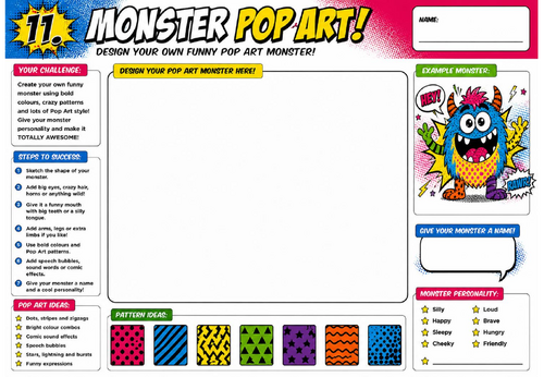 Monster Pop Art Worksheet | KS2 KS3 Art Cover Lesson | Fun Monster Character Design Activity