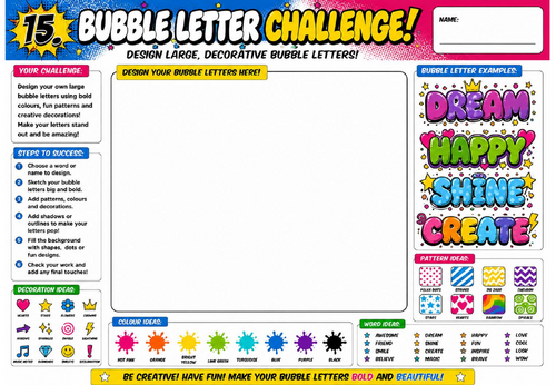 Bubble Letter Challenge Worksheet | KS2 KS3 Art Cover Lesson | Pop Art Typography Activity