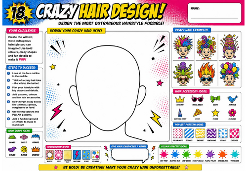 Crazy Hair Design Worksheet | KS2 KS3 Art Cover Lesson | Pop Art Character Design Activity