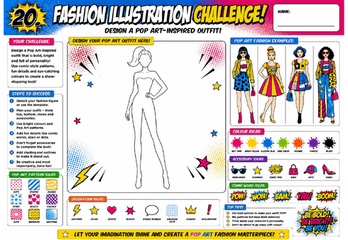 Fashion Illustration Challenge Worksheet | KS2 KS3 Art Cover Lesson | Pop Art Fashion Design Activit