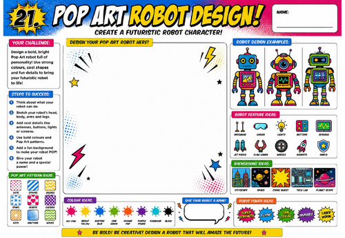 Pop Art Robot Design Worksheet | KS2 KS3 Art Cover Lesson | Futuristic Robot Character Activity