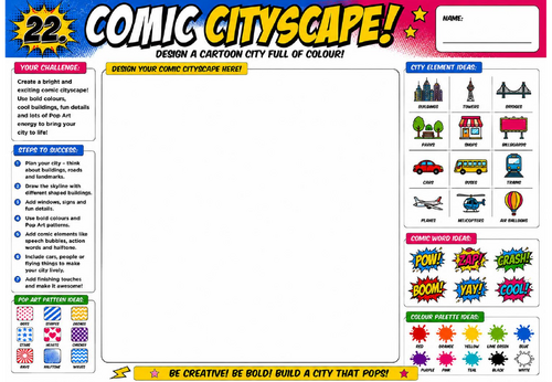 Comic Cityscape Worksheet | KS2 KS3 Art Cover Lesson | Pop Art City Design Activity