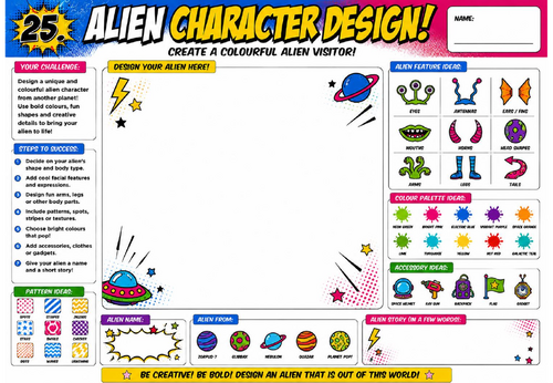 Alien Character Design Worksheet | KS2 KS3 Art Cover Lesson | Pop Art Fantasy Creature Activity