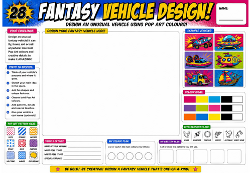 Fantasy Vehicle Design Worksheet | KS2 KS3 Art Cover Lesson | Pop Art Transport Design Activity