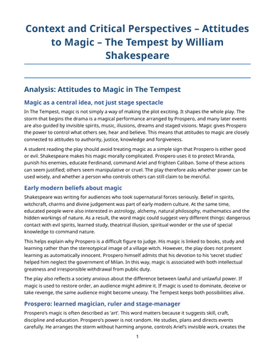 The Tempest - William Shakespeare – Attitudes to Magic