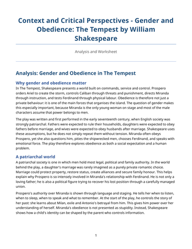 The Tempest - William Shakespeare – Gender and Obedience