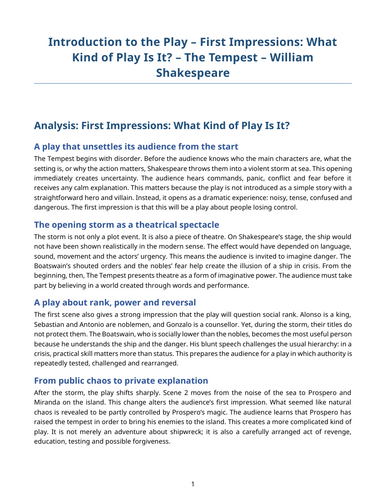 The Tempest - William Shakespeare – First Impressions
