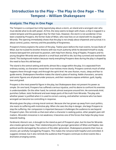 The Tempest - William Shakespeare – The Play in One Page
