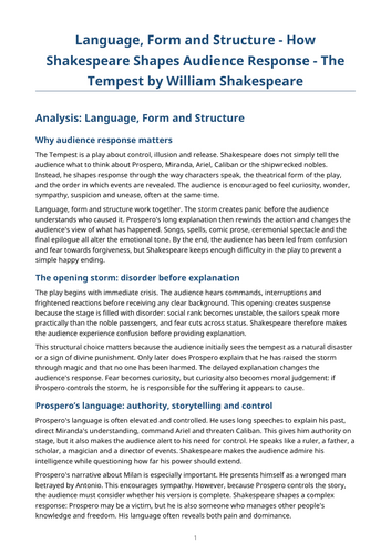 The Tempest - William Shakespeare – How Shakespeare Shapes Audience Response