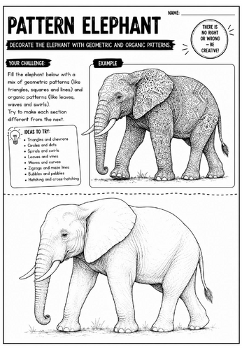 Pattern Elephant Art Worksheet | Zentangle Animal Drawing Activity | KS2 KS3 Cover Lesson