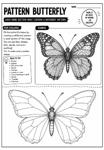 Pattern Butterfly Art Worksheet | Zentangle Insect Drawing Activity | KS2 KS3 Cover Lesson