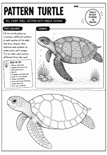 Pattern Turtle Art Worksheet | Zentangle Ocean Animal Drawing Activity | KS2 KS3 Cover Lesson
