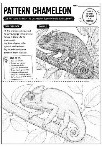 Pattern Chameleon Art Worksheet | Zentangle Reptile Drawing Activity | KS2 KS3 Cover Lesson