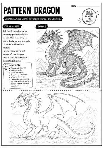 Pattern Dragon Art Worksheet | Zentangle Fantasy Creature Drawing Activity | KS2 KS3 Cover Lesson