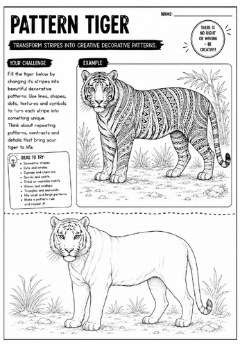 Pattern Tiger Art Worksheet | Zentangle Animal Drawing Activity | KS2 KS3 Cover Lesson