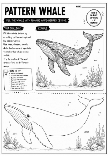 Pattern Whale Art Worksheet | Zentangle Ocean Animal Drawing Activity | KS2 KS3 Cover Lesson