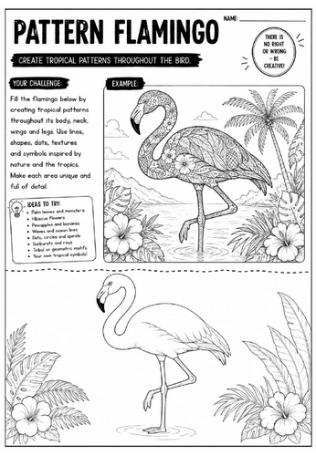 Pattern Flamingo Art Worksheet | Zentangle Bird Drawing Activity | KS2 KS3 Cover Lesson