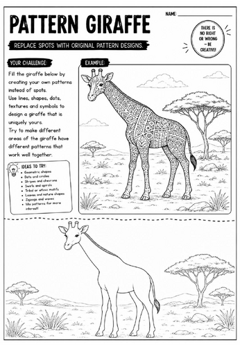 Pattern Giraffe Art Worksheet | Zentangle Safari Animal Drawing Activity | KS2 KS3 Cover Lesson