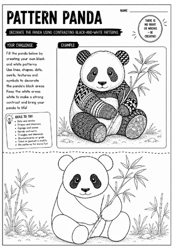 Pattern Panda Art Worksheet | Zentangle Animal Drawing Activity | KS2 KS3 Cover Lesson