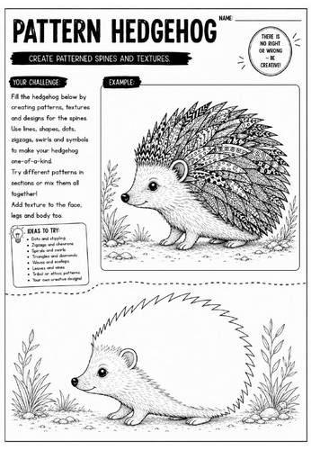 Pattern Hedgehog Art Worksheet | Zentangle Animal Drawing Activity | KS2 KS3 Cover Lesson