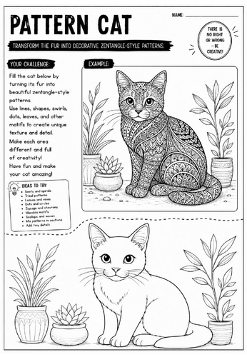 Pattern Cat Art Worksheet | Zentangle Animal Drawing Activity | KS2 KS3 Cover Lesson