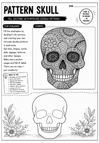 Pattern Skull Art Worksheet | Zentangle Doodle Drawing Activity | KS2 KS3 Cover Lesson