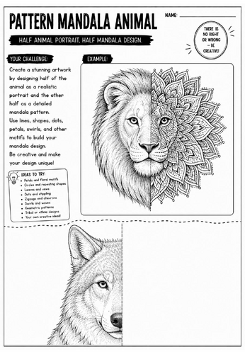 Pattern Mandala Animal Art Worksheet | Zentangle Drawing Activity | KS2 KS3 Cover Lesson