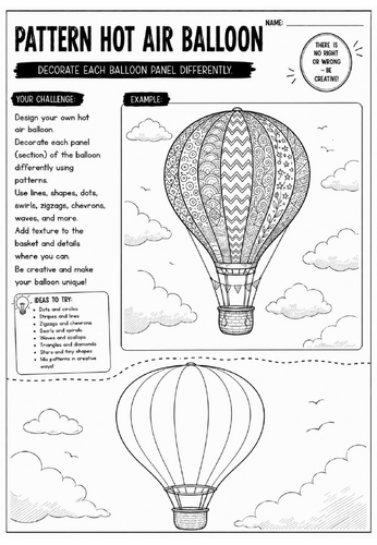 Pattern Hot Air Balloon Art Worksheet | Zentangle Pattern Drawing Activity | KS2 KS3 Cover Lesson