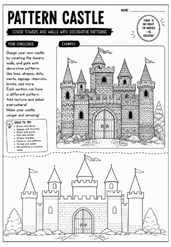 Pattern Castle Art Worksheet | Zentangle Architecture Drawing Activity | KS2 KS3 Cover Lesson