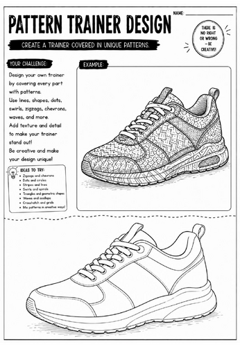 Pattern Trainer Design Art Worksheet | Zentangle Fashion Drawing Activity | KS2 KS3 Cover Lesson