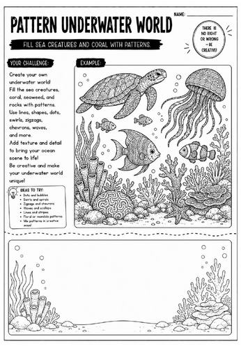 Pattern Underwater World Art Worksheet | Zentangle Ocean Drawing Activity | KS2 KS3 Cover Lesson